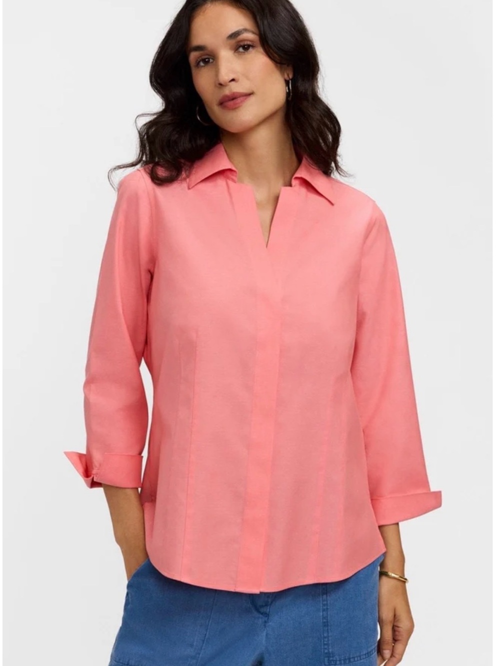 Foxcroft Coral Split-Front Button-Down Blouse Size 4